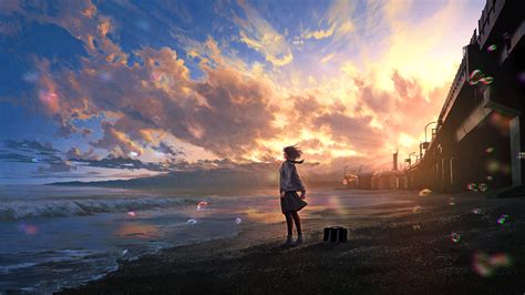 Download 1920x1080 Anime Landscape Anime Girl Sunset Scream Beach