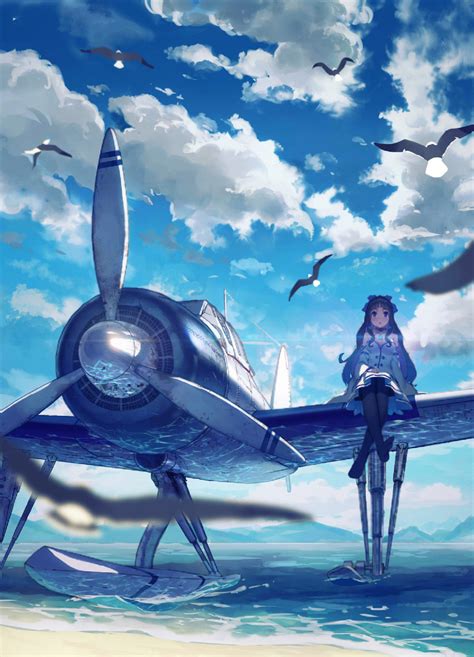Wallpaper Planes Beach Anime Girls Reflection Seagulls 1280x1775