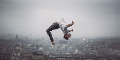 Man Black Flipping Above Buildings Ballet Jumping Paris Backflip Hd