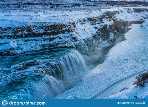 Frozen Gullfoss Falls In Iceland In Winter At Sunset Stock Photo