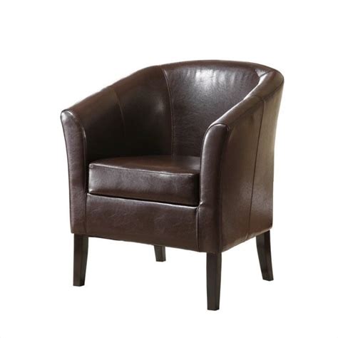 It is made up of removable solid wood legs with dark coffee finishing. Faux Leather Barrel Club Chair in Brown - 36077BRN-01-AS-U