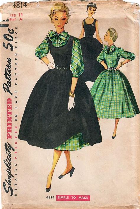 1950s Simplicity 4814 Vintage Sewing Pattern Misses Full Skirt Dress