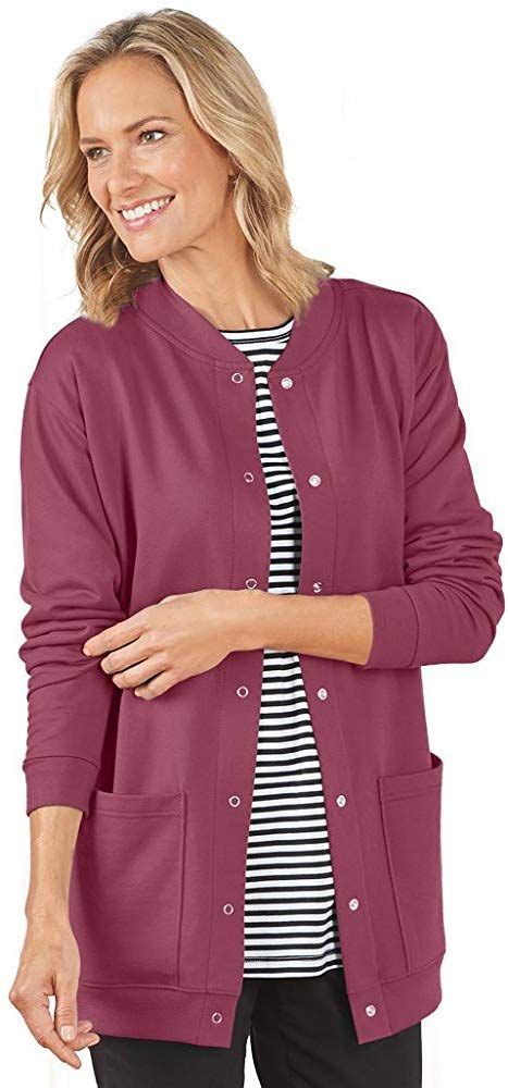 Amerimark Womens Fleece Cardigan Sweater Jacket Snap Buttons Two Patch
