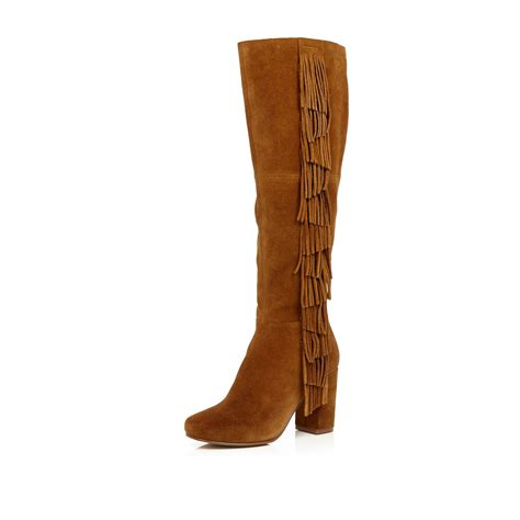 River Island Tan Suede Fringed Knee High Heeled Boots In Brown Lyst