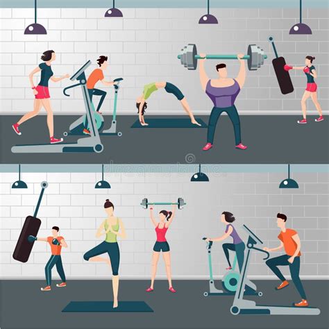 Fitness Room With People On A Work Out Gym Panoramic Illustration