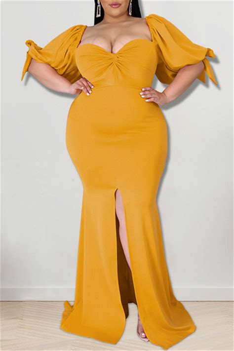 Fashion Yellow Fashion Sexy Plus Size Solid Backless Slit Square Collar