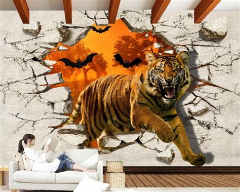 Beibehang Custom Wallpaper 3d Ferocious Tigers Broken Walls Outside