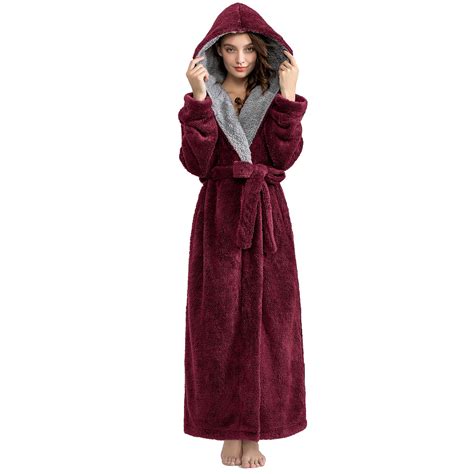 Hellomamma Long Hooded Robe For Women Luxurious Flannel Fleece Full Length Bathrobe Winter Warm