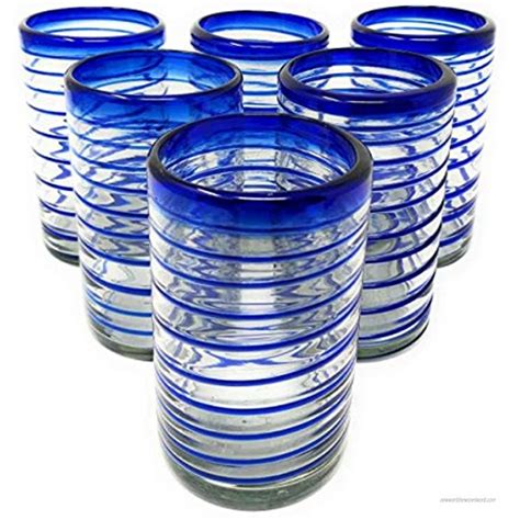 hand blown mexican drinking glasses set of 6 glasses with cobalt blue spiral design 14 oz