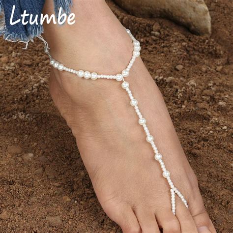 ltumbe new arrival big small simulated pearl anklets for women foot accessories toe link chain
