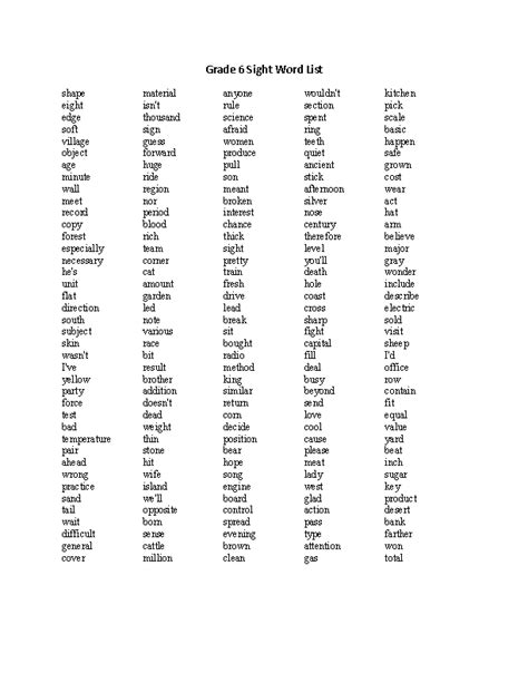 6th Grade Dolch Words List