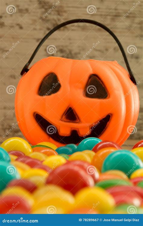 Halloween Pumpkin Basket Full Of Candies Stock Image Image Of Autumn