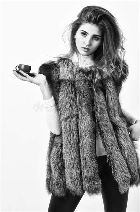 Enjoy Luxurious Aroma And Taste Hot Coffee Woman Splendid Makeup Wearing Luxurious Fur Coat