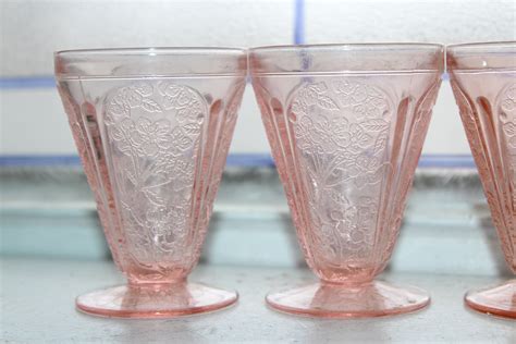 4 pink depression glass footed juice tumblers cherry blossom 1930s