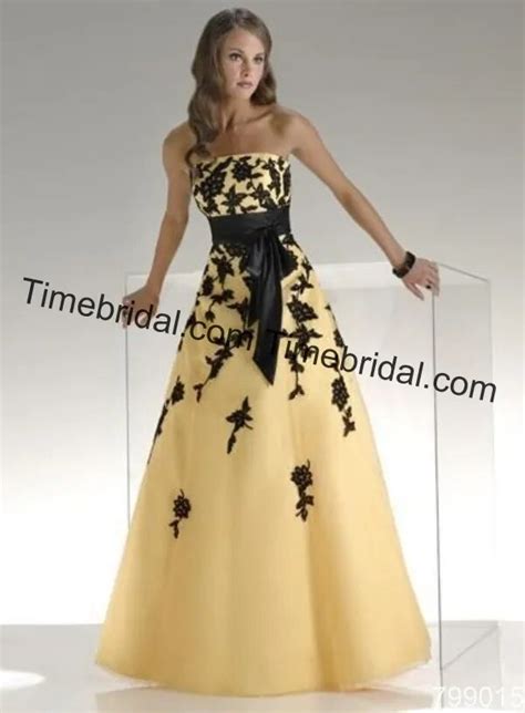 Yellow And Black Flower Floor Lenght Belt Sexy Wedding Dress Promball