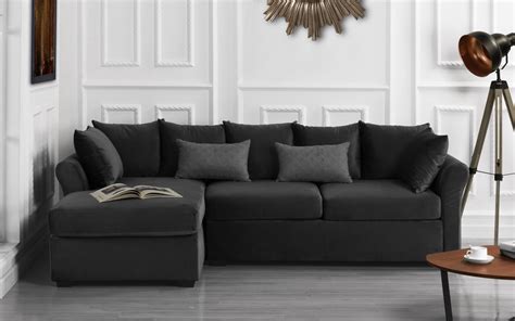 Velvet Sectional Sofa W Removable Back Pillows Left Facing Chaise Dark Grey Ebay