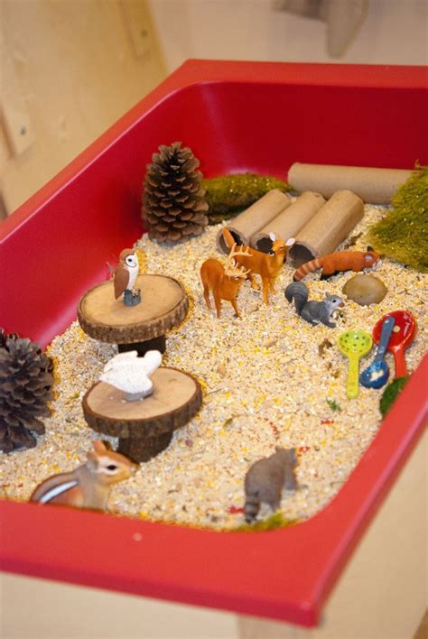 Forest Themed Sensory Table; forest animals, birdseed, wood blocks
