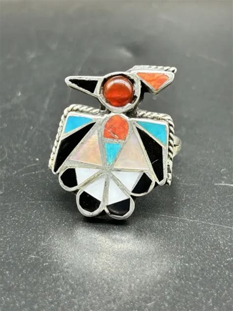 Vintage Zuni Native American Sterling Silver Ring Multi Stone Inlay