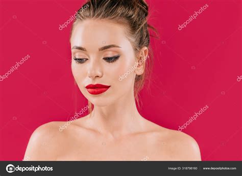Naked Beautiful Woman Red Lips Looking Away Isolated Red Stock Photo
