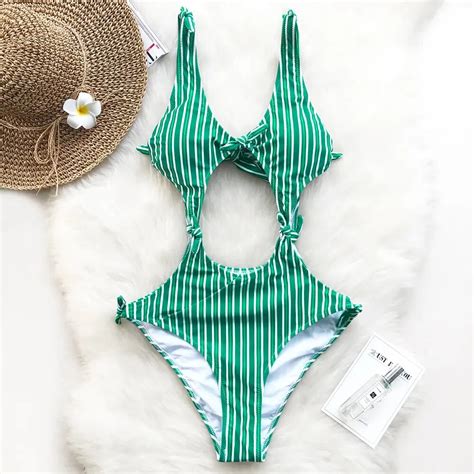 Cupshe Herbaceous Bowknot One Piece Swimsuit Hollow V Neck Bathing Suit