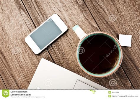 Office Workplace With Open Laptop On Wooden Desk Stock Photo Image Of