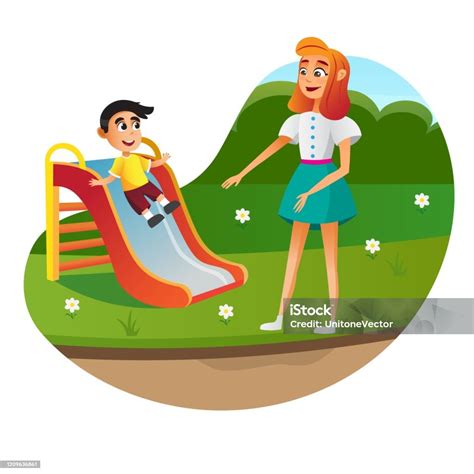 Cartoon Mother Son Characters Play At Playground Stock Illustration