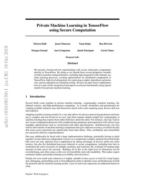 Private Machine Learning In TensorFlow Using Secure Computation DeepAI