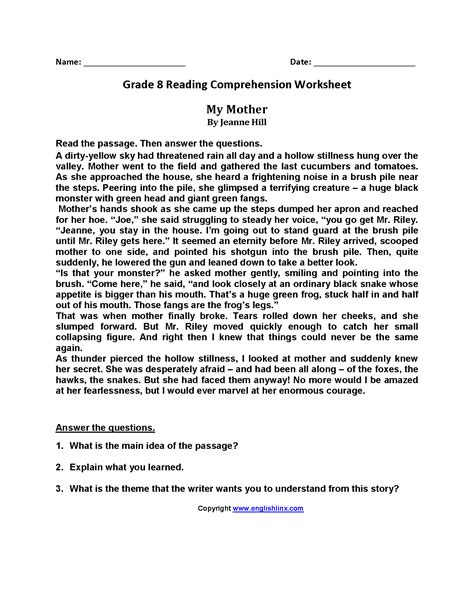 In our reading comprehension worksheet section you find varying grade levels of reading worksheets that also come with multiple choice, free response, or essay questions. Free Printable 8th Grade Reading Comprehension Worksheets ...