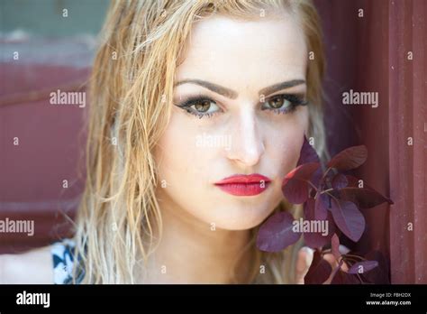 Blonde With Red Lips Stock Photo Alamy