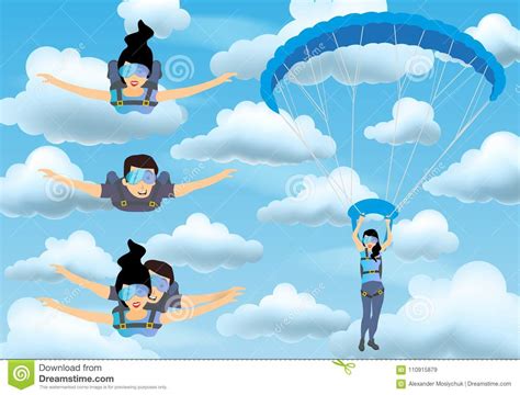Skydiver Man And Woman Flying Parachutist Characters Tandem Skydiving