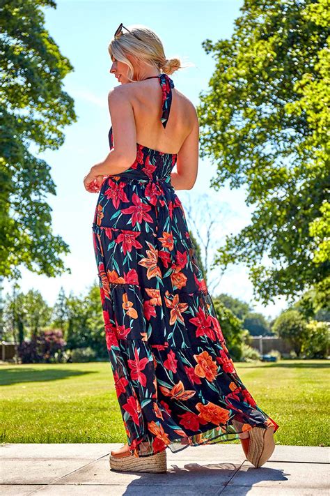 Floral Print Halterneck Maxi Dress In Black Roman Originals Uk