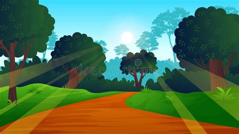 Dirt Road In The Middle Of The Forest Cartoon Vector Illustration Stock