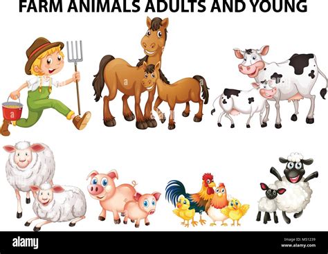 Different Types Of Farm Animals With Adults And Youngs Illustration