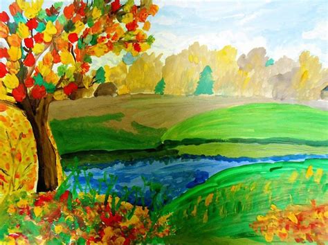 Осенний пейзаж рисунок для детей карандашом