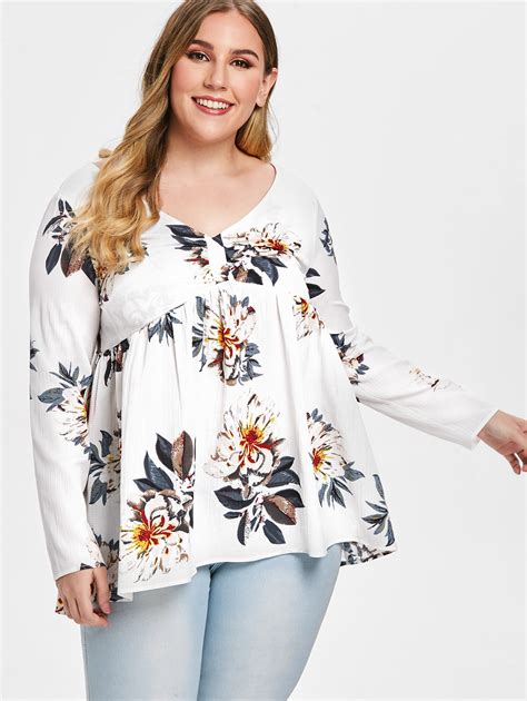 Wipalo Plus Size V Neck Floral Pleated Women Blouse Casual Spring Long
