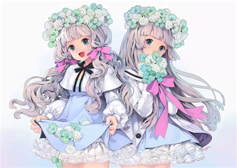 2girls Blue Eyes Bow Chkuyomi Dress Flowers Gray Hair Long Hair Original Ribbons
