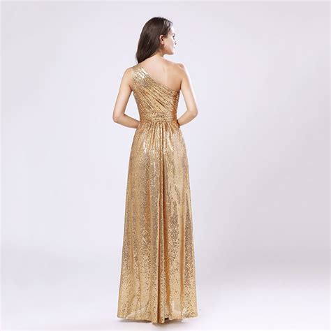 One Shoulder Gold Sequin A Line Maid Of Honor Bridesmaid Dress Bridesmaid