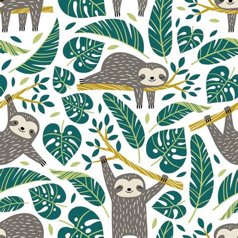 Premium Vector Hand Drawn Seamless Vector Pattern With Cute Sloths