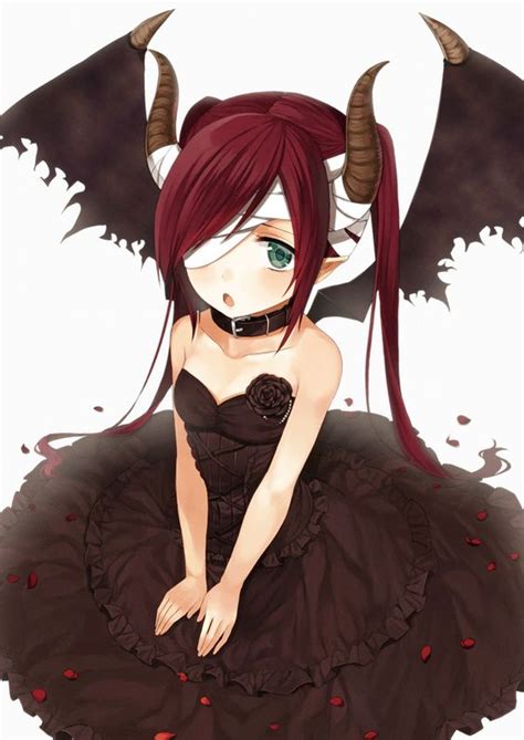 Anime Girl Demon With Red Hair Green Eyes Black Dress