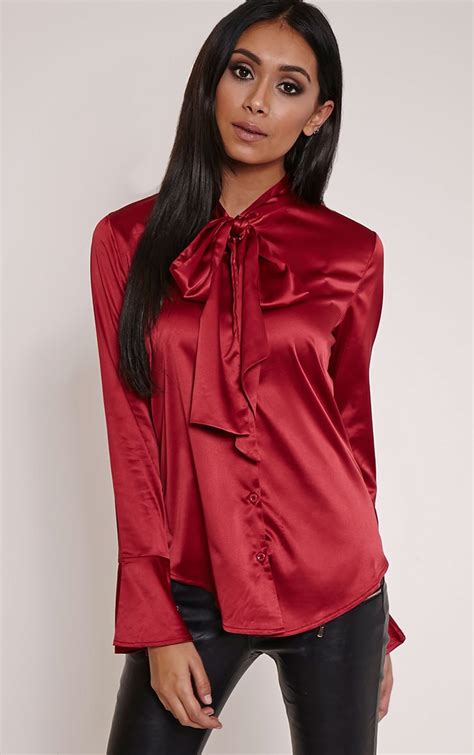 Amelia Red Satin Pussybow Blouse Tops Prettylittlething Usa