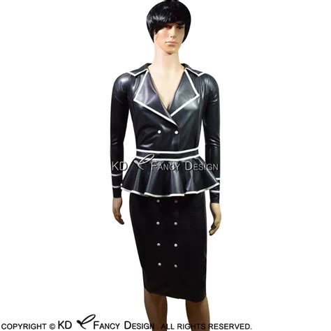 Black With White Sexy Latex Dress With Belts And Frills Buttons At Side Rubber Uniform Bodycon