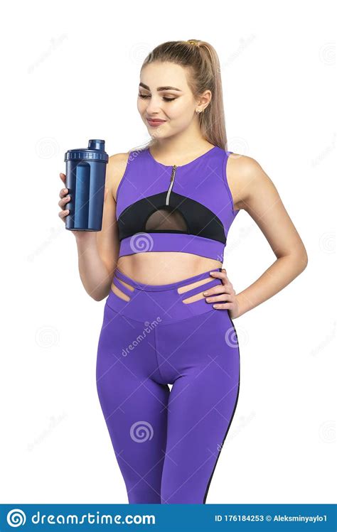 Sporty Slim Fitness Woman Girl Holding Sport Bottle Healthy Woman
