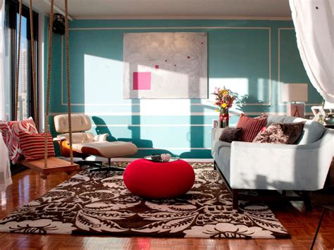 Teal Transitional Living Room With Brown Damask Area Rug