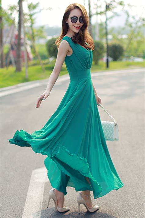 Women Chiffon Long Pleated Skirt Gown Dress Green