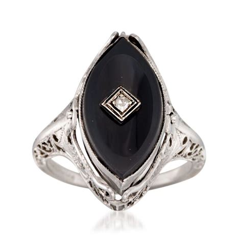 C 1950 Vintage Black Onyx Ring With Carved Shell And Diamond Accents