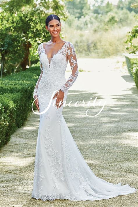 Style 44206 Long Sleeve Beaded Lace Fit And Flare Gown Sincerity