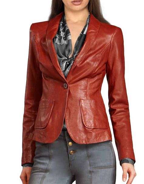 Single Buttoned Closure Leather Womens Red Blazer Ujackets Leather