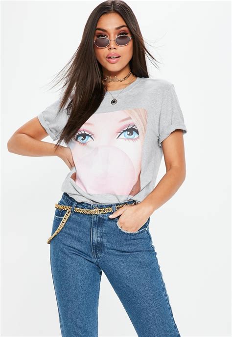 missguided barbie x missguided grey longline graphic t shirt t shirts for women womens tops