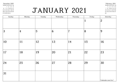 Calendar 2021 January Printable Free Printable