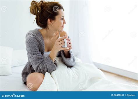 Beautiful Young Woman Drinking Coffee On Bed Stock Image Image Of
